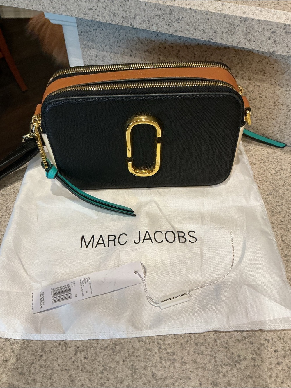 Marc Jacobs Black Crossbody Camera Bag with Tan Trim and Teal Accents